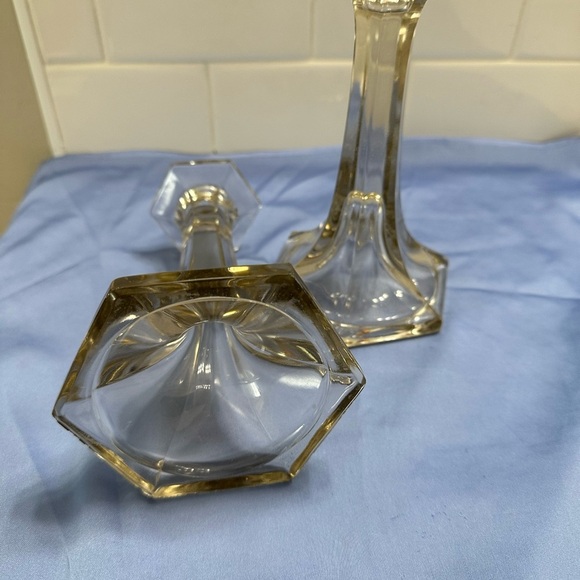 Vintage Crystal Glass Candlestick Holders Set of Two Hexagon Base Flute Design - Picture 6 of 8
